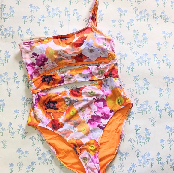 aerie Other - Aerie Cut Out One Shoulder One Piece Swimsuit L Orange Pink Floral Print NEW